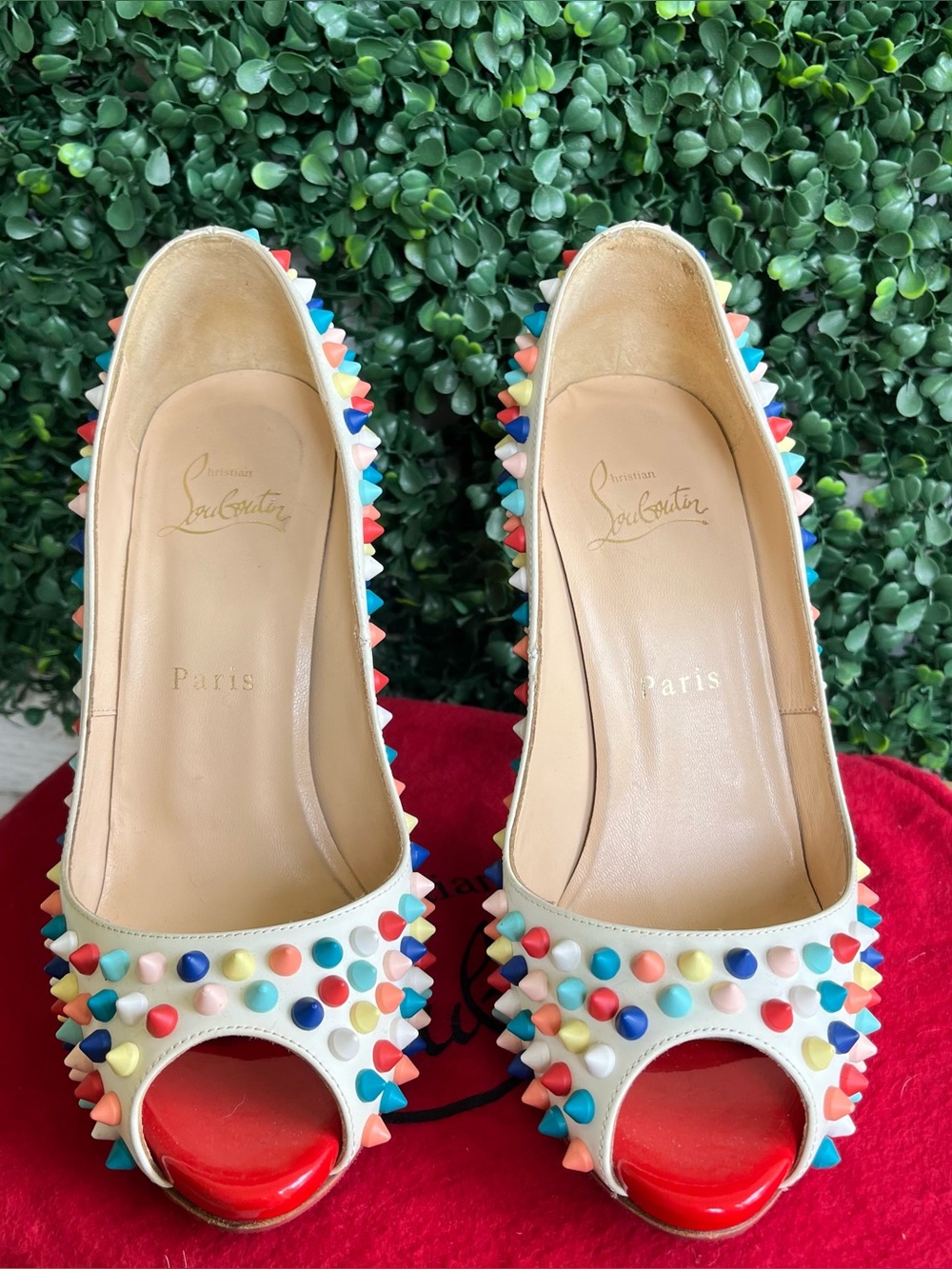 CHRISTIAN LOUBOUTIN Colorful Flo Spikes 120 Gomme Peep Toe Heels Stilettos 36.5 - Picture 2 of 12